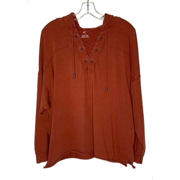 AERIE Clay Red Long Sleeve Lace-Up Neck Hooded Oversized Pullover Size Small - Picture 1 of 8